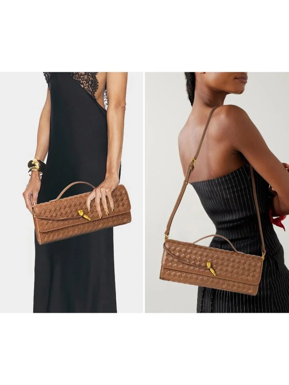 Women Chestnut Woven Leather Suede Woven Clutch Purse For Evening Crossbody Bag